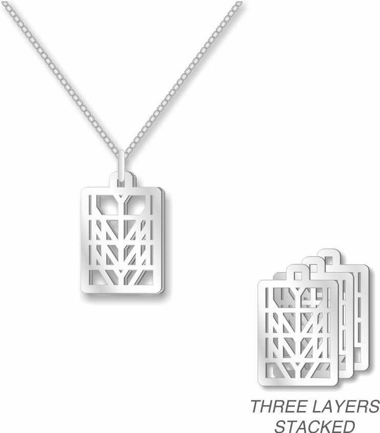 Frank Lloyd Wright Tree of Life Pendant necklace shown on a chain with a silver-tone geometric design and three-layer stacked view.