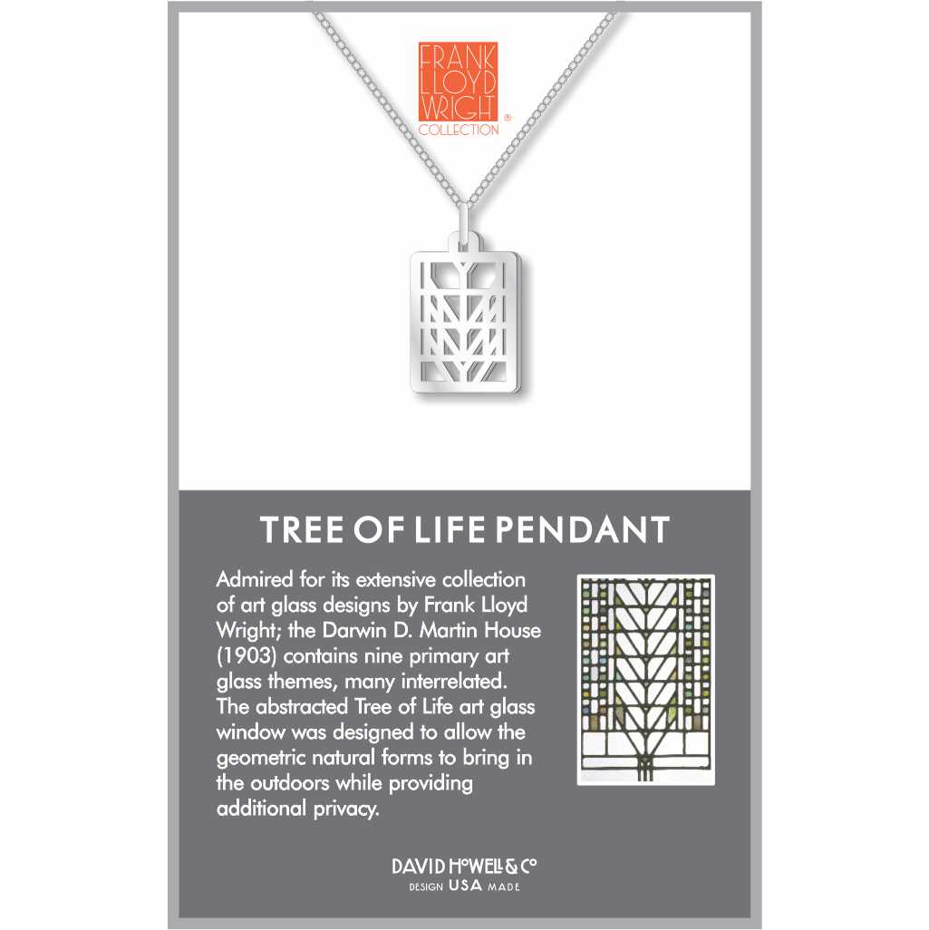 Frank Lloyd Wright Tree of Life Pendant necklace with a geometric silver-tone design inspired by the Darwin D. Martin House stained glass window.