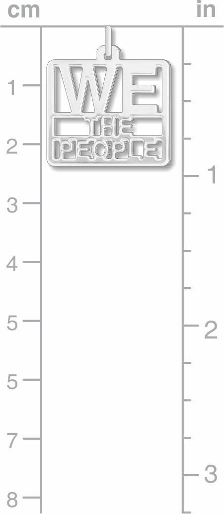 We the People necklace pendant size comparison image showing a silver-tone square pendant with cutout lettering against a centimeter and inch measurement scale.