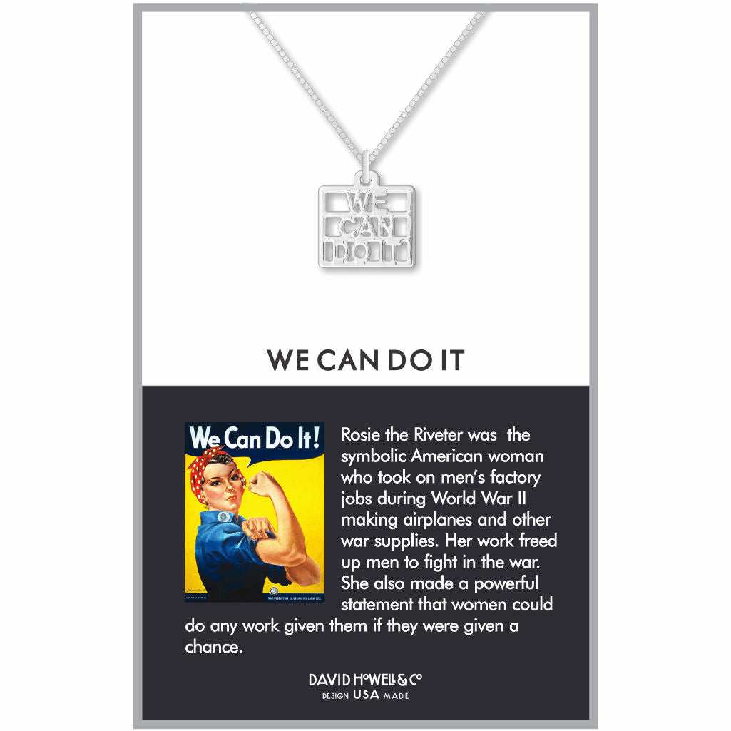 We Can Do It necklace displayed on product card with a silver pendant featuring cutout text reading “We Can Do It,” inspired by the Rosie the Riveter World War II poster.