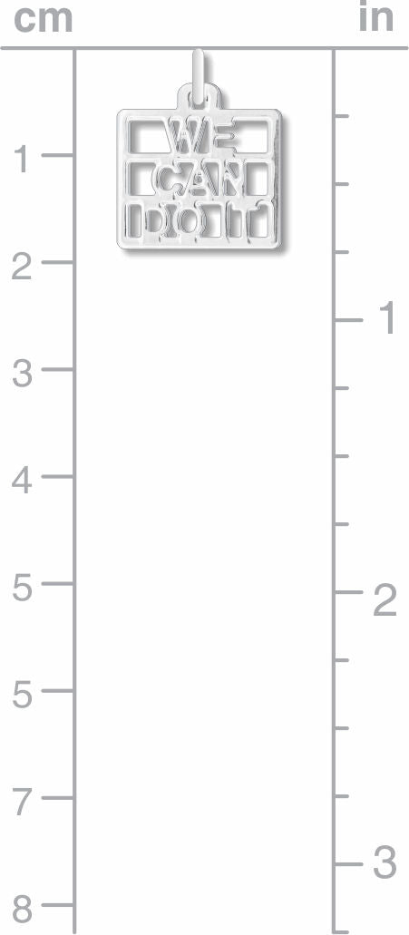 We Can Do It necklace pendant size comparison image showing a small silver-tone square pendant with cutout lettering against a centimeter and inch measurement scale.