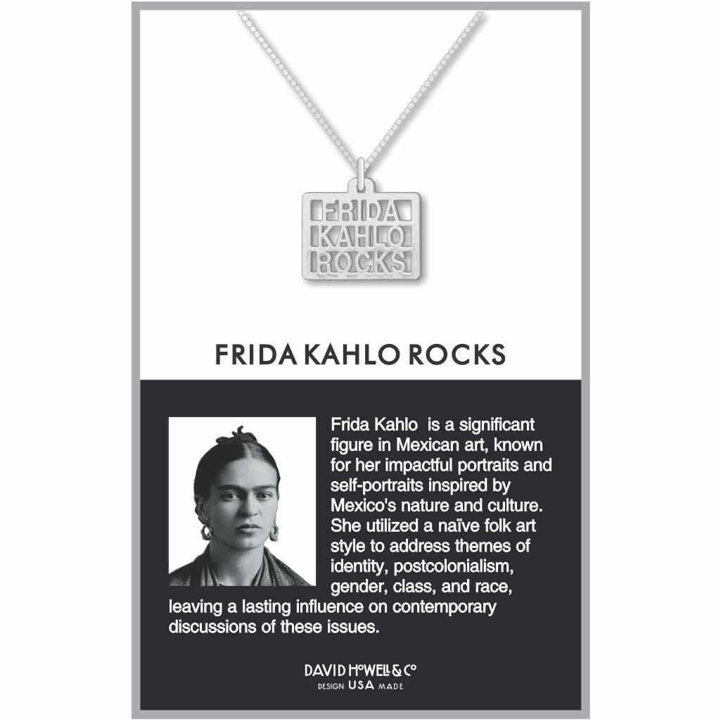 silver Frida Kahlo rocks necklace in box packaging with information card