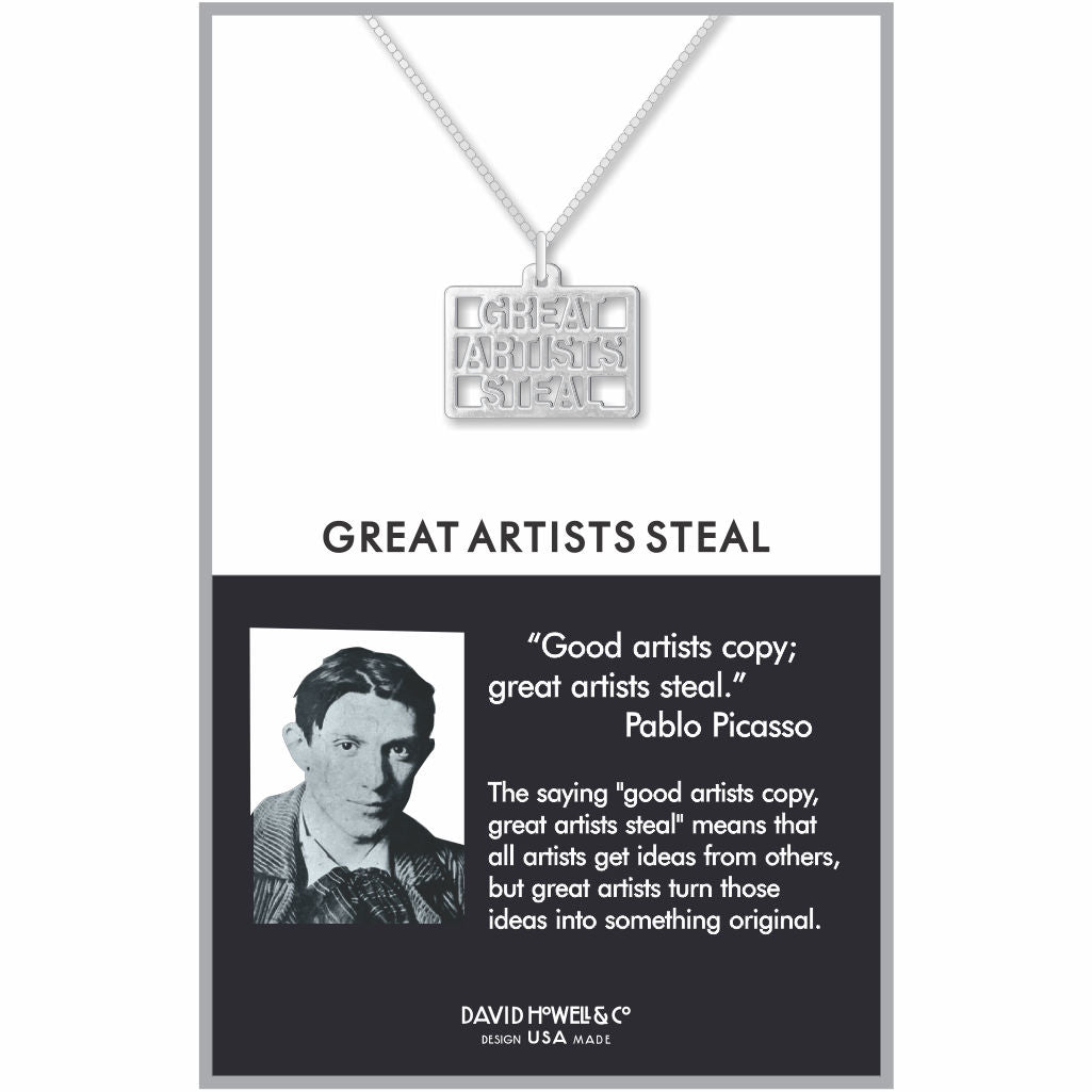 Great Artists Steal necklace displayed on product card with a silver pendant featuring cutout text reading “Great Artists Steal” alongside a Pablo Picasso portrait and quote.