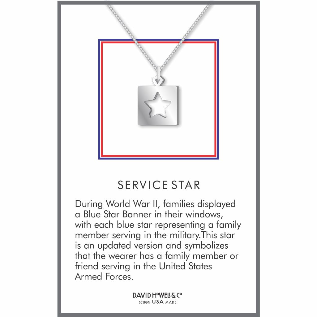 Service Star pendant necklace featuring a silver-tone square charm with a cutout star design inspired by the traditional Blue Star military service banner.