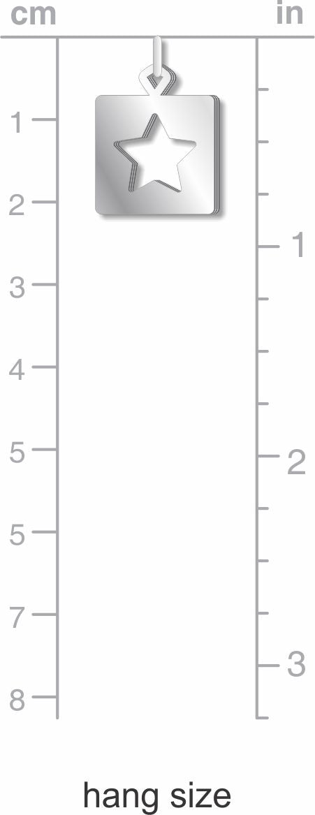 Hang size chart showing the dimensions of the Service Star pendant charm in centimeters and inches.