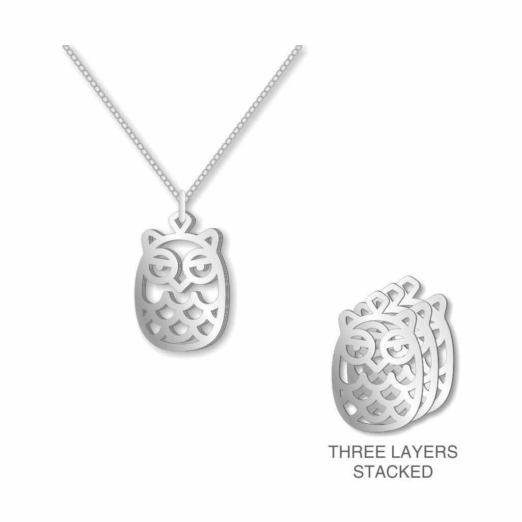 Hoot Owl pendant necklace with a silver-tone owl design shown on a chain and displayed in a three-layer stacked view.