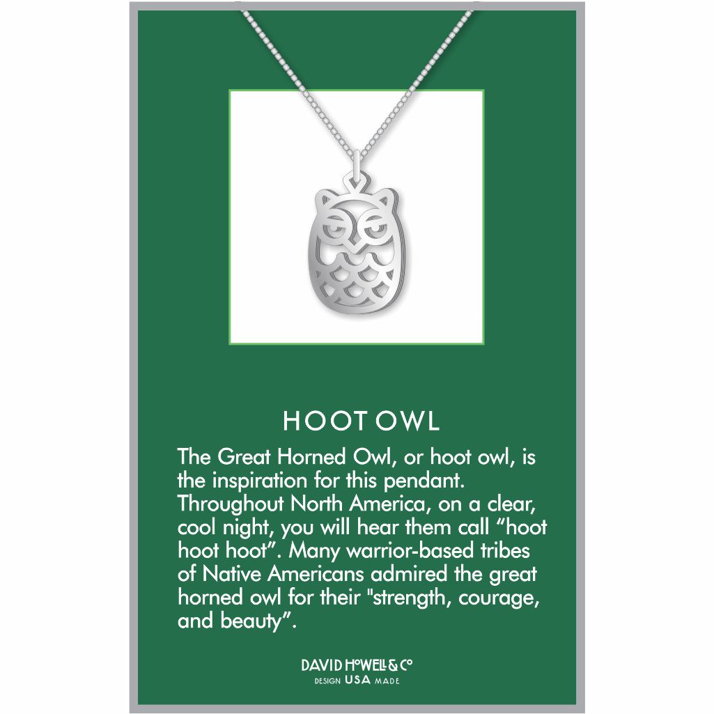 Hoot Owl pendant necklace featuring a silver-tone owl design inspired by the Great Horned Owl.