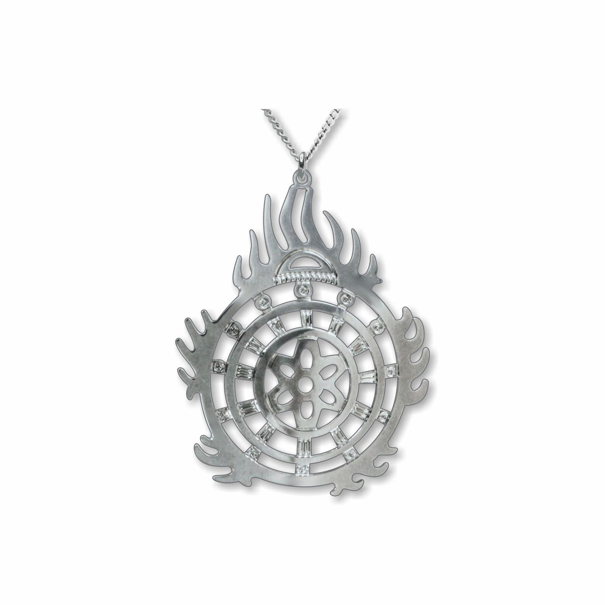 Halo of Flames Necklace featuring a circular silver pendant with flame-like edges, layered geometric cutouts, and crystal accents suspended from a silver chain.