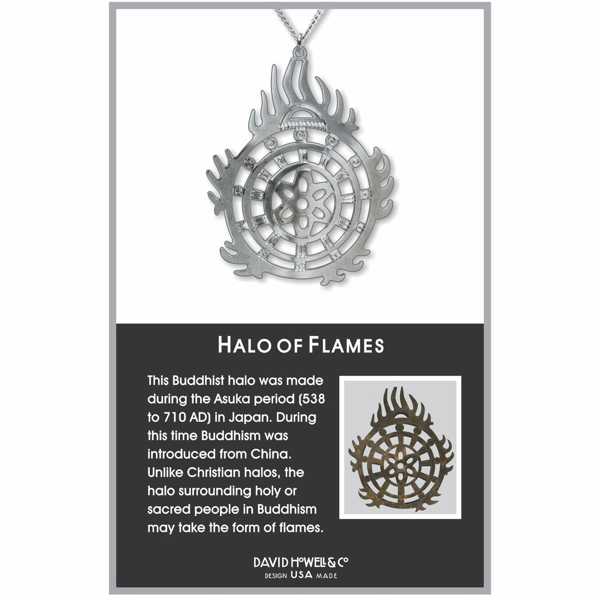 Halo of Flames Necklace featuring a circular silver pendant with flame-like details and geometric cutouts inspired by a Buddhist halo motif.