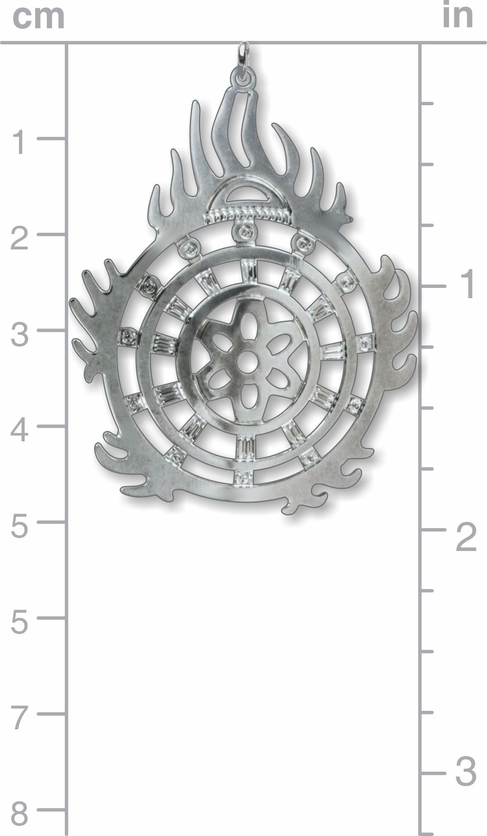 Halo of Flames Necklace pendant in silver-tone metal with flame-shaped edges, circular geometric details, and clear crystal accents shown with a size reference scale.