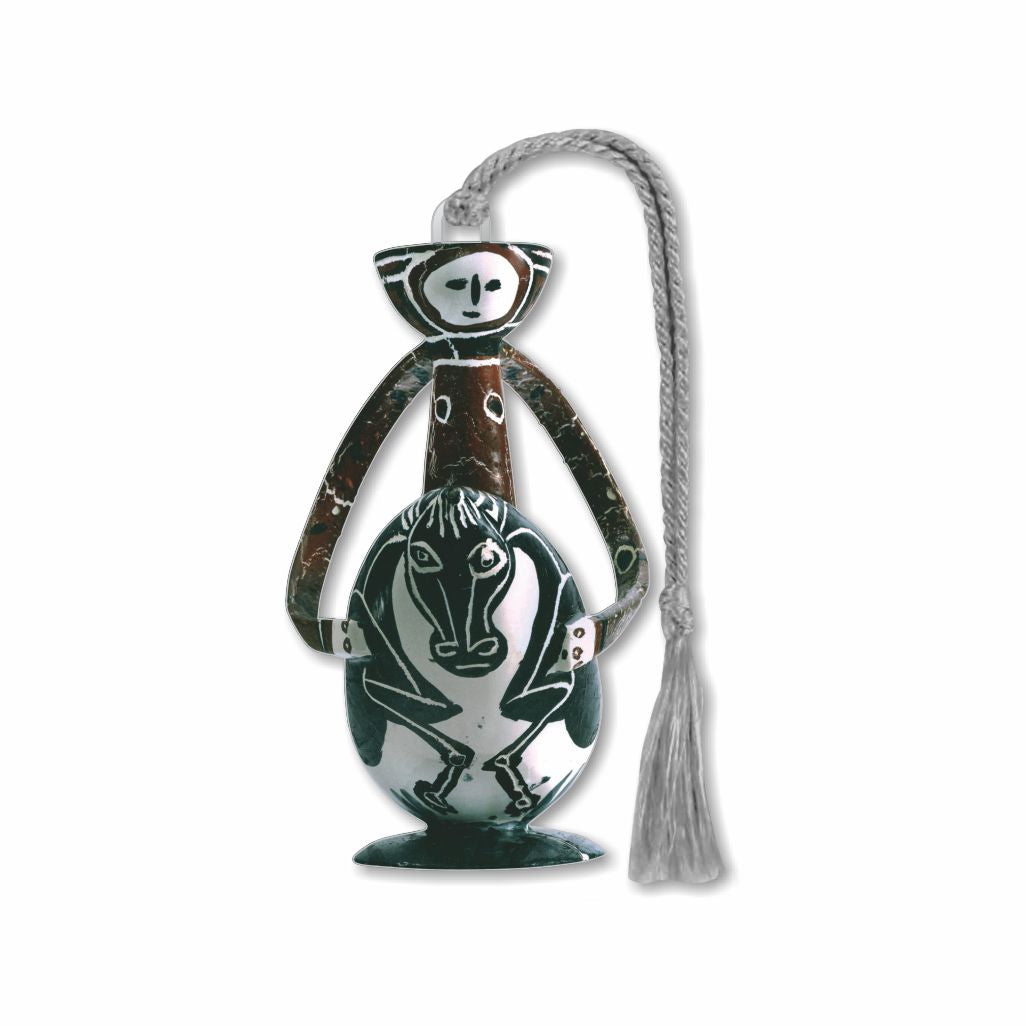 A silver metal Picasso bookmark featuring an artistic depiction of a figure with a horse's head, characteristic of Cubist or abstract art style, with a grey tassel.