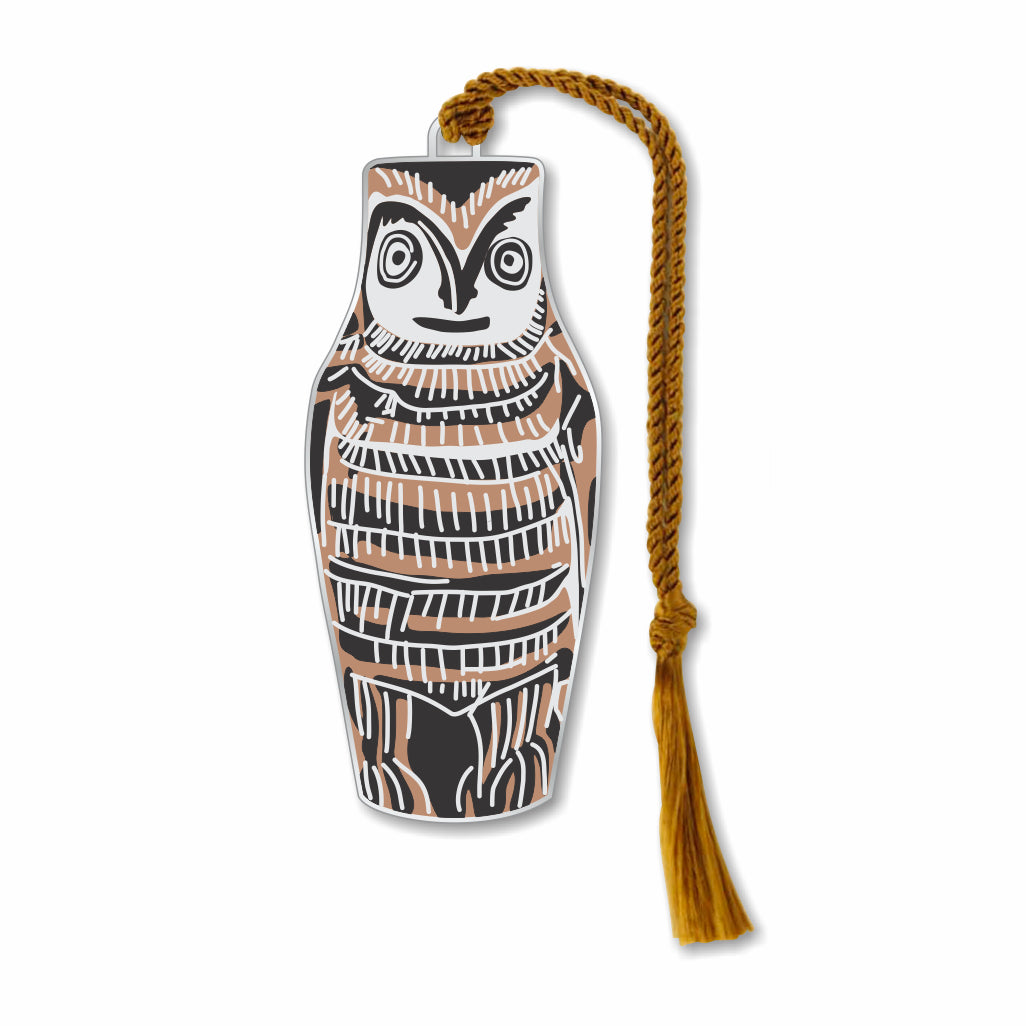 A silver metal bookmark in the shape of an owl with geometric patterns, featuring a silver finish with black and brown details, and a brown tassel.