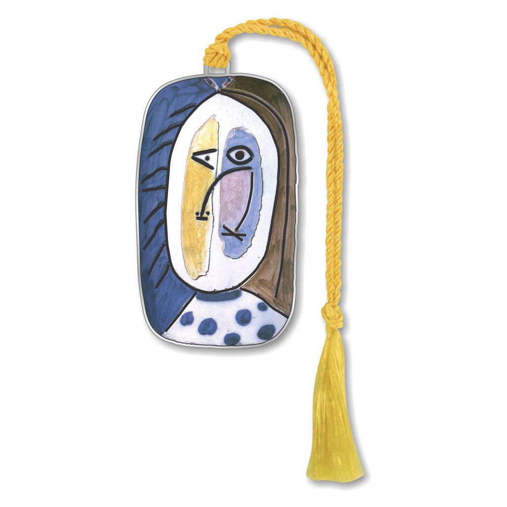 A silver metal bookmark featuring an abstract print of a face with a predominantly blue and white color scheme, attached to a yellow tassel.