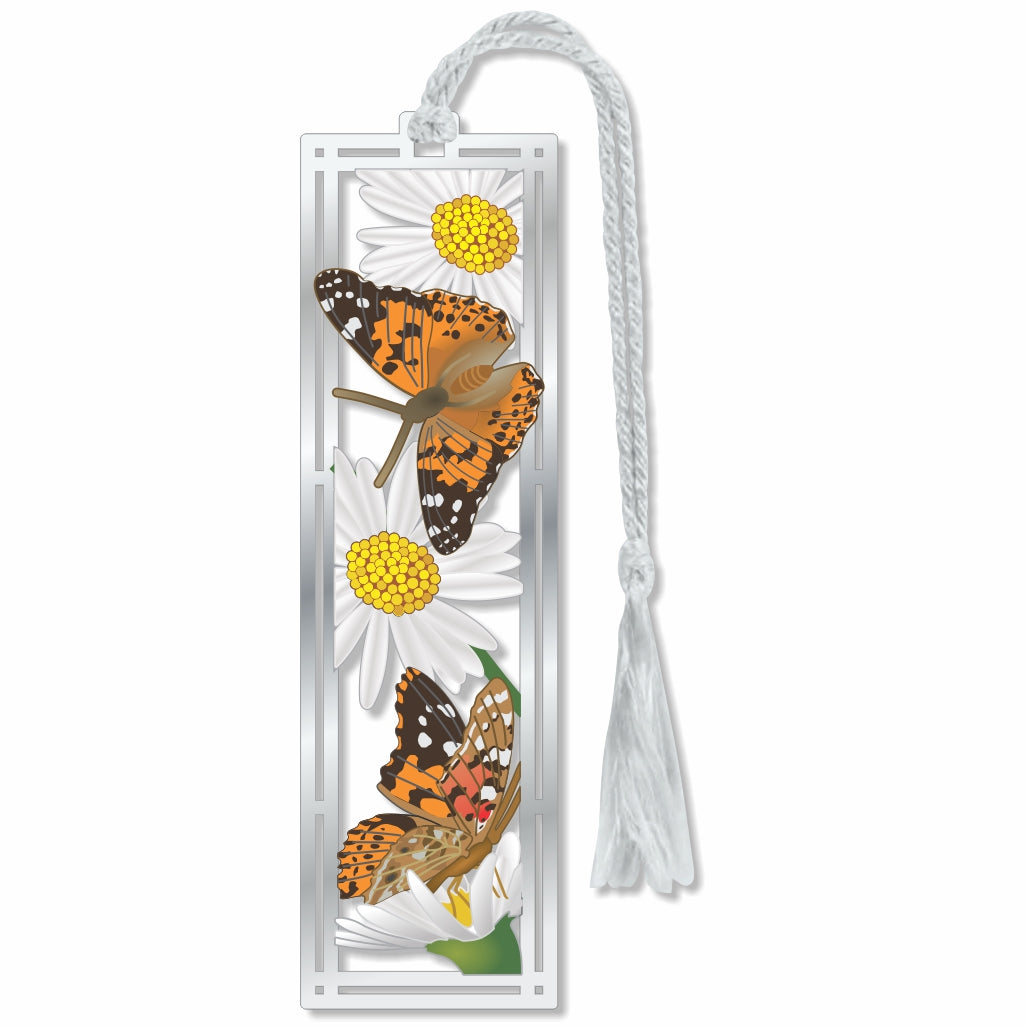 A metal bookmark featuring an image of a Painted Lady butterfly with asters with a white braided tassel for national parks, garden lovers, museum-quality gift for art lovers, museum goers and readers.