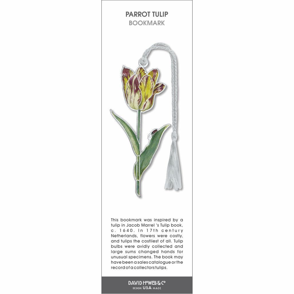 Metal Parrot tulip bookmark with a yellow and red tulip bloom, green stem and leaves, and a gray tassel.