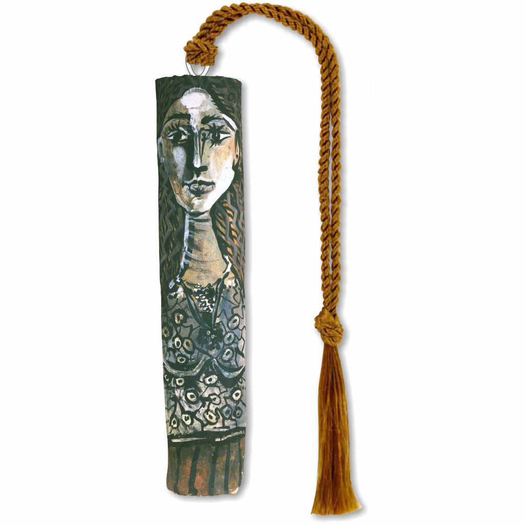 A silver metal bookmark featuring a Picasso inspired design with a female face and abstract patterns, attached to a brown braided string.
