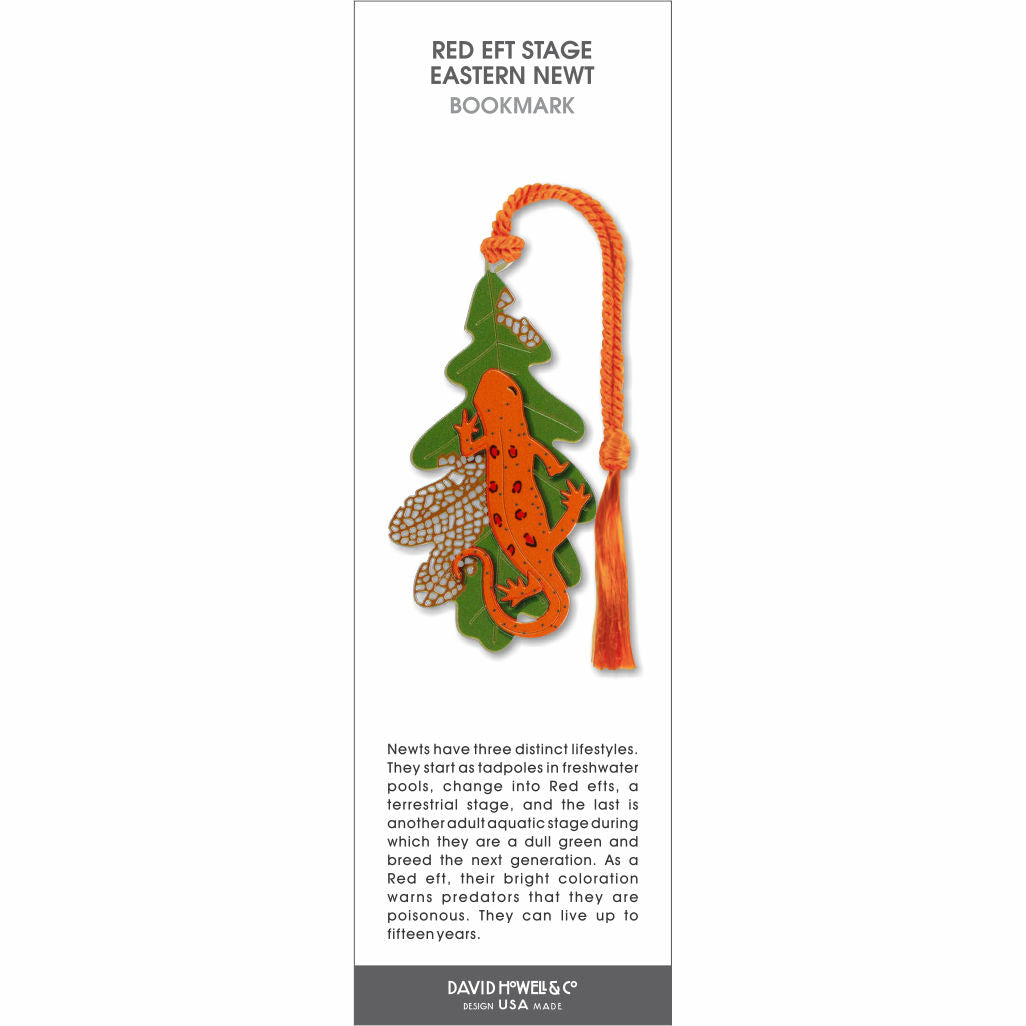 Red eft newt metal bookmark with bright orange salamander on green leaf and orange tassel.