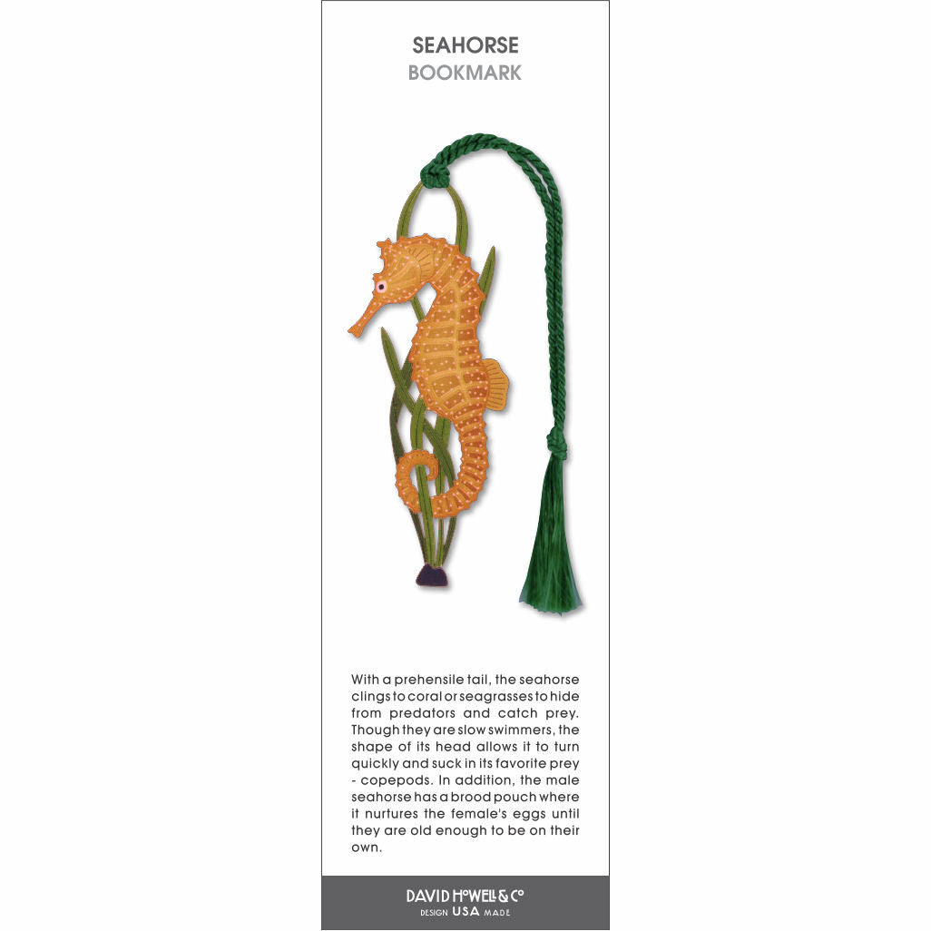 Metal Seahorse bookmark with orange seahorse, green sea grass, and green tassel.