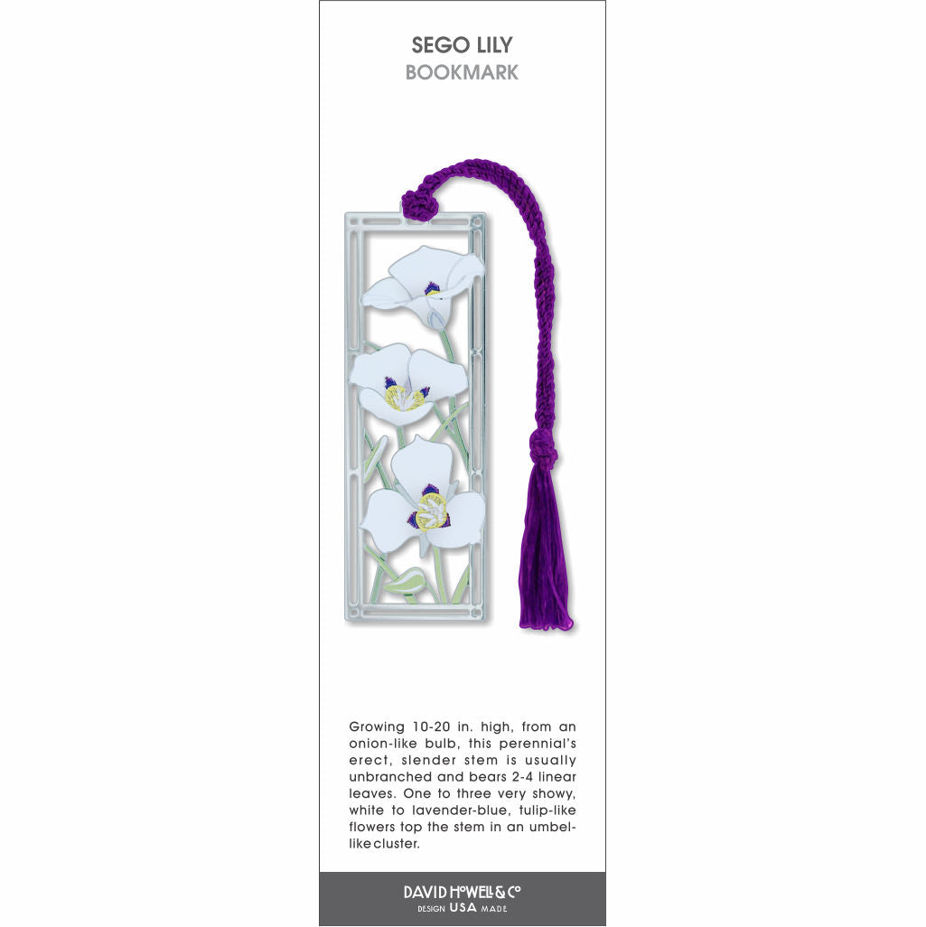 Sego Lily metal bookmark with white flowers, green stems in a silver frame, and a purple tassel.