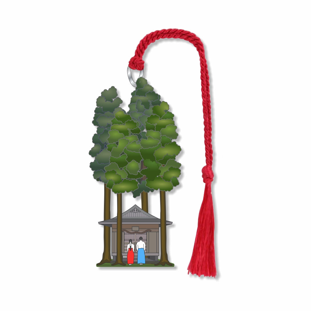 Shinto Shrine & Cedar Trees Metal Bookmark depicting a Shinto shrine surrounded by towering Japanese cedar trees (sugi), with a miko in red and a kannushi priest in blue standing before the shrine, symbolizing the sacred connection between nature, spirituality, and tradition in Shinto belief with a braided red tassel for religion, relationships and love gift for readers.