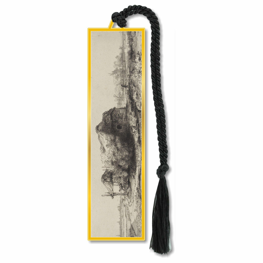 A metal bookmark featuring a gold frame with a black and white print of a Dutch scene, attached to a black cord with a tassel.