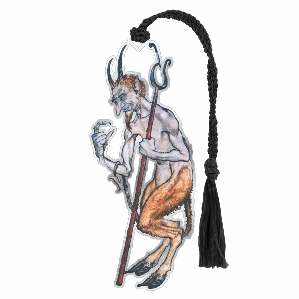 A metal bookmark featuring an illustration of a devil with a trident, attached to a black tassel and cardstock.