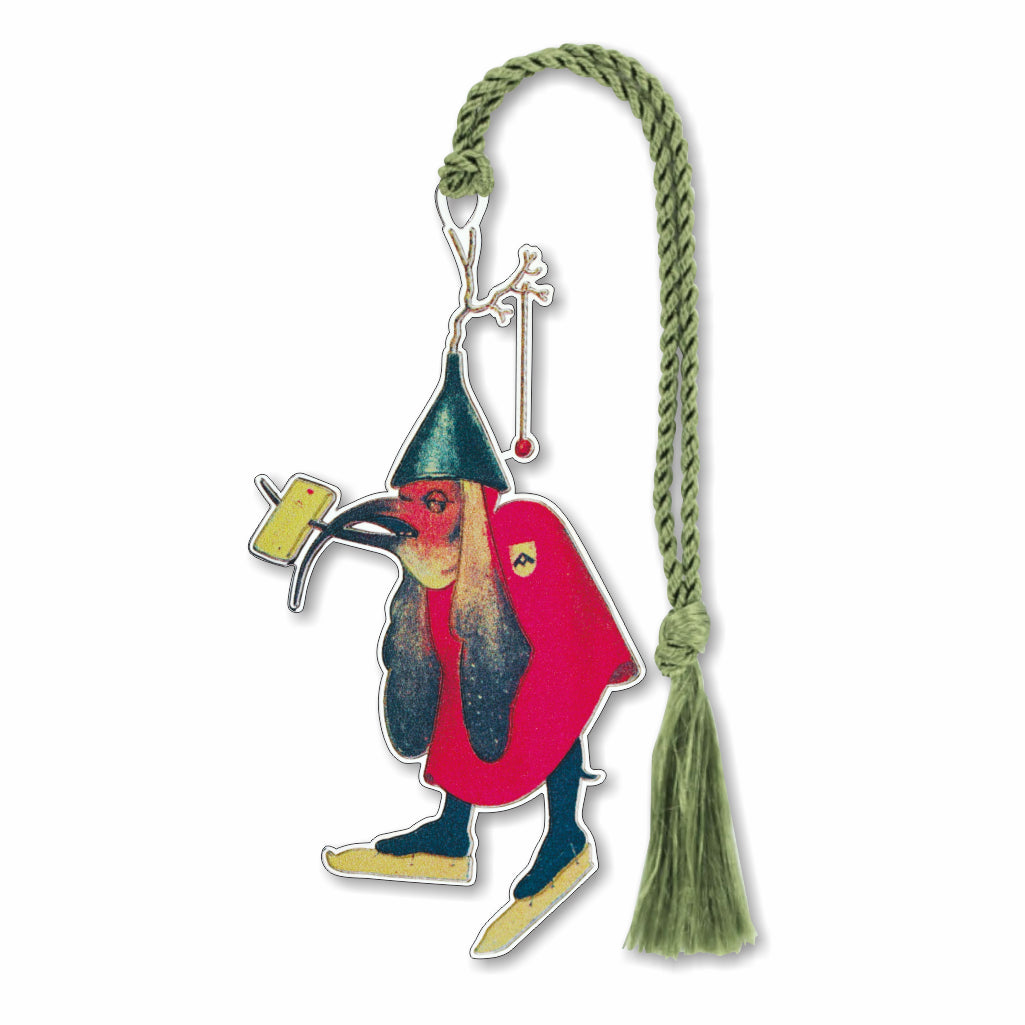 A decorative metal bookmark featuring a stylized bird with a funnel on its head, carrying a letter in its beak, and wearing a red garment. The bird is attached to a green tassel.