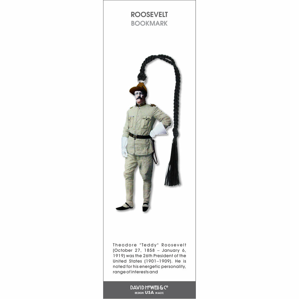 Theodore Roosevelt bookmark featuring a vintage illustration of the U.S. president, with a black braided tassel.