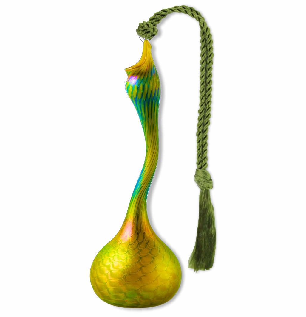 Metal bookmark inspired by Tiffany Rosewater Sprinkler Vase with elegant Persian gooseneck vessel design and iridescent favrile glass styling with green braided tassel for a museum-quality, readers and art gift.