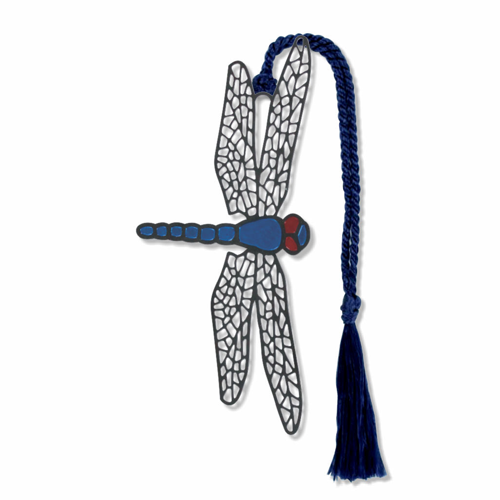 Tiffany Dragonfly Metal Bookmark with a blue dragonfly design, textured wings, red eyes, and a dark blue braided tassel