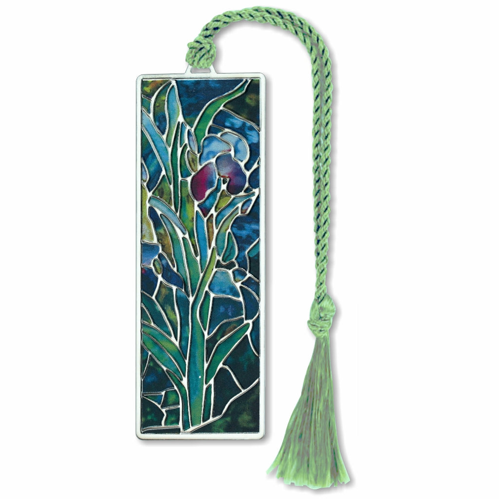A metal bookmark with silver finish is a colorful floral design and a green braided cord tassel.