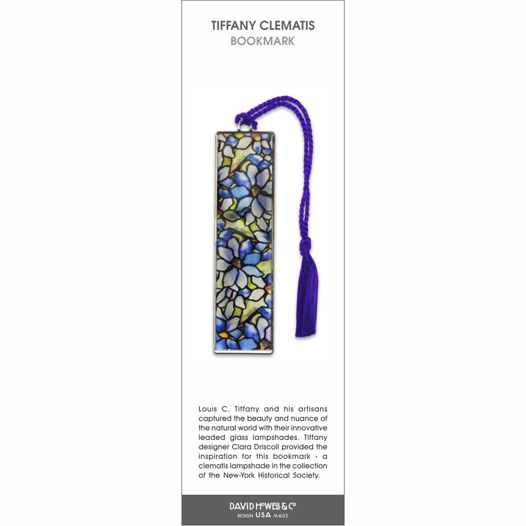 Tiffany Clematis bookmark, a stained-glass style pattern of blue and white clematis flowers with green accents, finished with a rich purple tassel.
