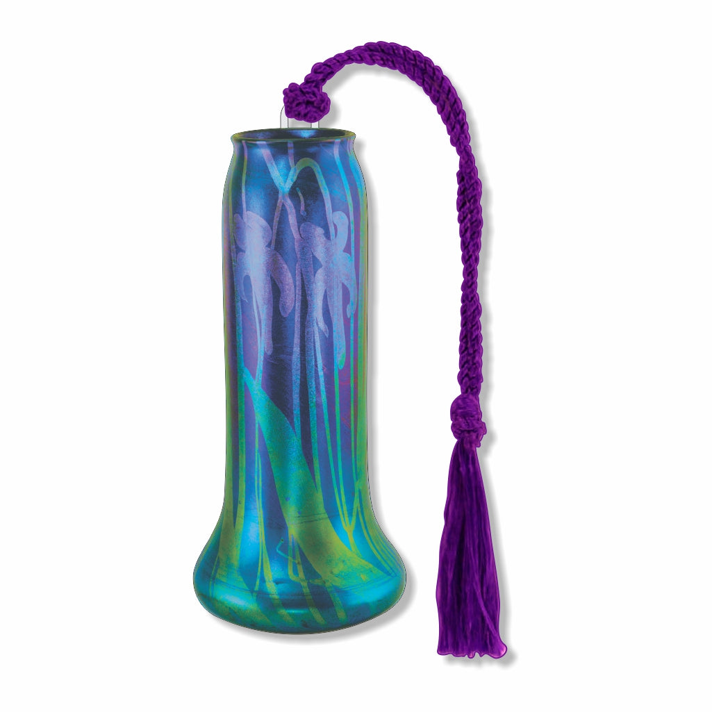 Tiffany Stylized Iris Favrile Vase Metal Bookmark featuring iris Favrile glass vase design, inspired by Louis Comfort Tiffany’s iridescent pattern art glass, showcasing Art Nouveau elegance with flowing floral motifs and luminous color effects with purple braided tassel for a museum quality, readers and art gift.