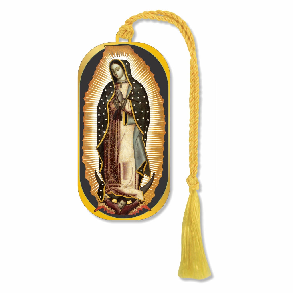 Metal bookmark featuring The Virgin of Guadalupe with detailed religious artwork inspired by the 1531 apparition to Juan Diego on Tepeyac Hill, symbolizing faith, devotion, and Mexican Catholic heritage with braided tassel for religious gifts, collector item and book lover.