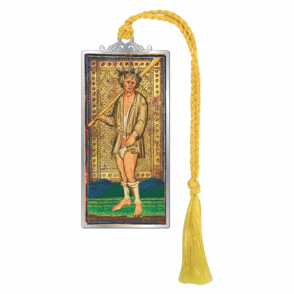 Visconti-Sforza Tarot Card Fool bookmark featuring a vintage-style Fool illustration in a silver-tone frame with a yellow tassel.