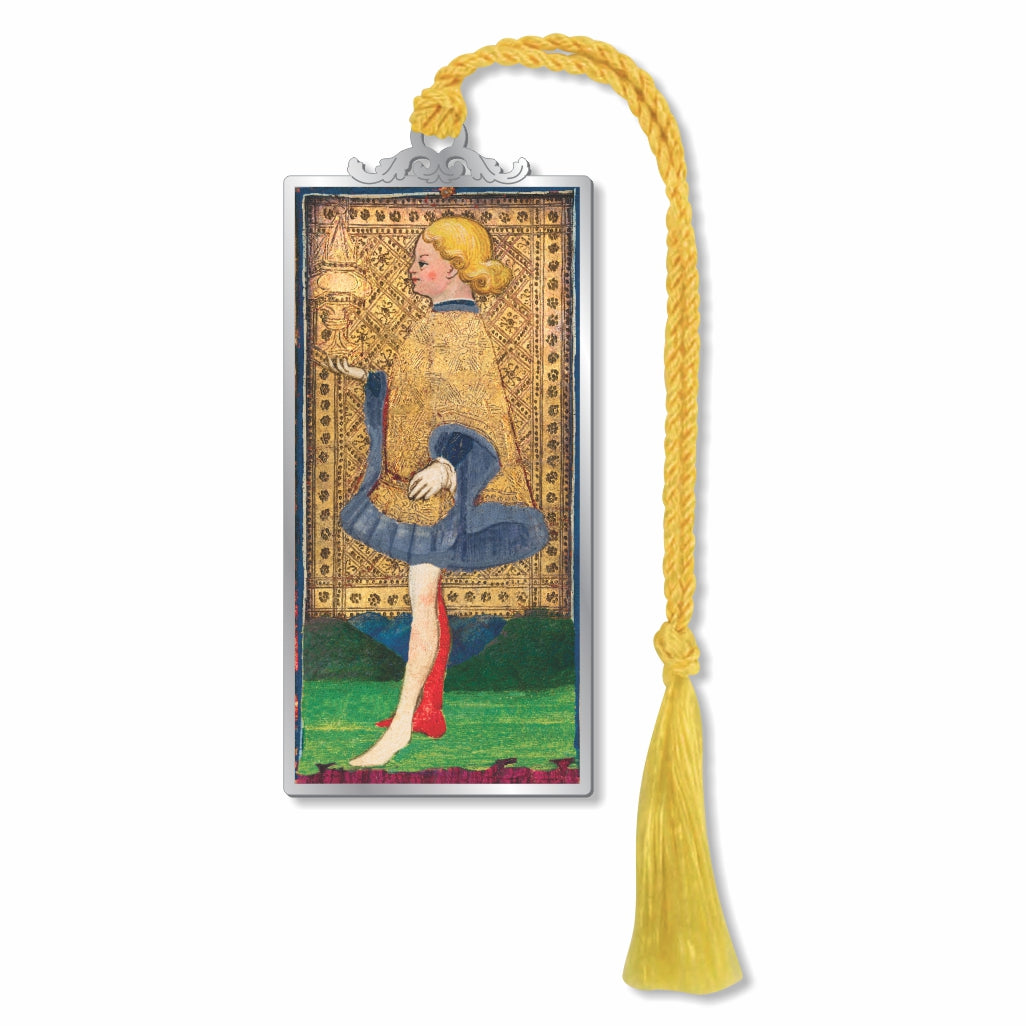 Visconti-Sforza Tarot Card Page of Cups bookmark featuring a colorful medieval-style Page of Cups figure in a silver-tone frame with a yellow braided tassel.