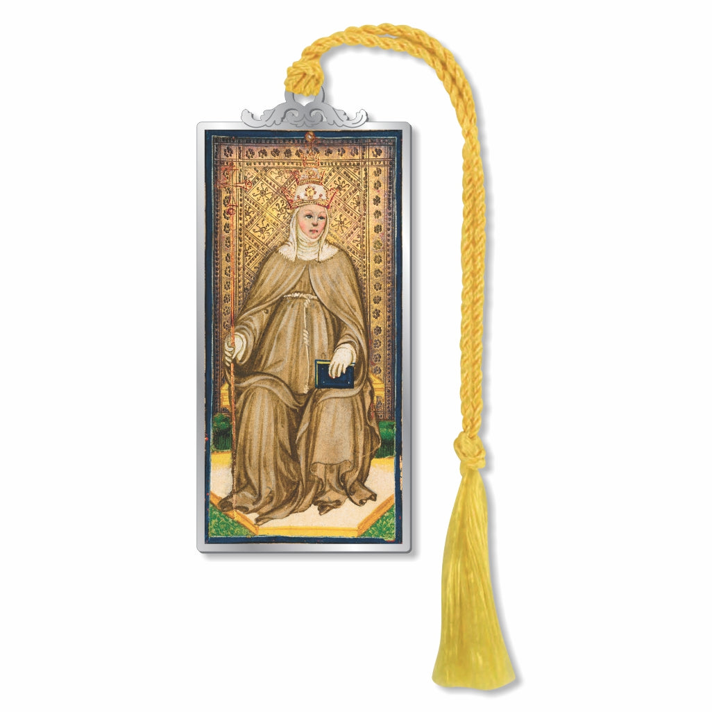 Visconti-Sforza Tarot Card Popess bookmark featuring a detailed medieval-style Popess illustration in a silver-tone frame with a yellow braided tassel.