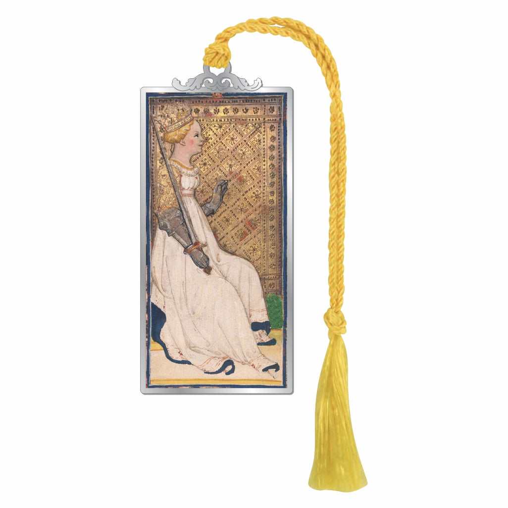Visconti-Sforza Tarot Card Queen of Swords bookmark with a detailed queen illustration, silver-tone frame, and yellow tassel.