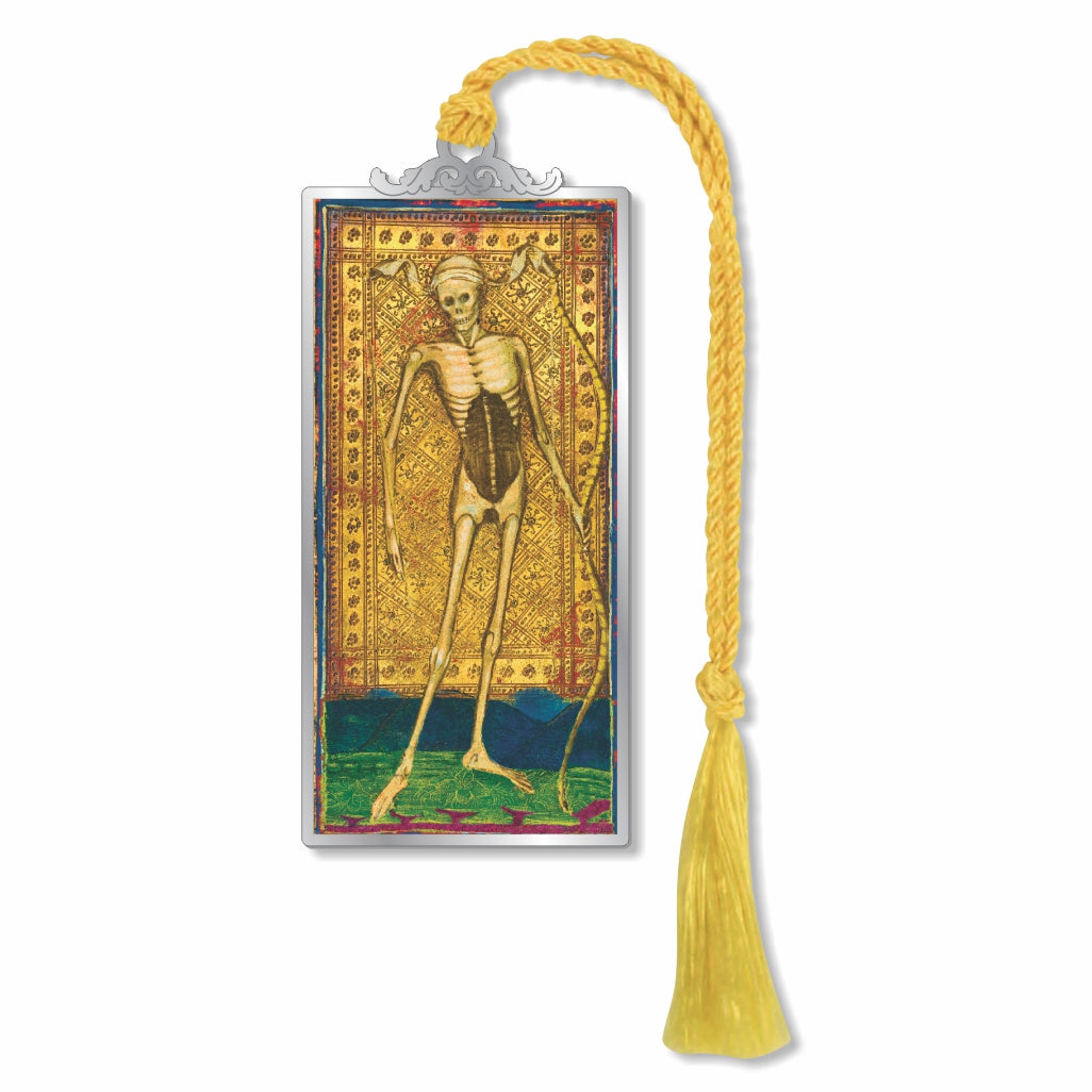 Visconti-Sforza Tarot Card Skeleton bookmark with a detailed vintage skeleton illustration, silver-tone frame, and yellow tassel.