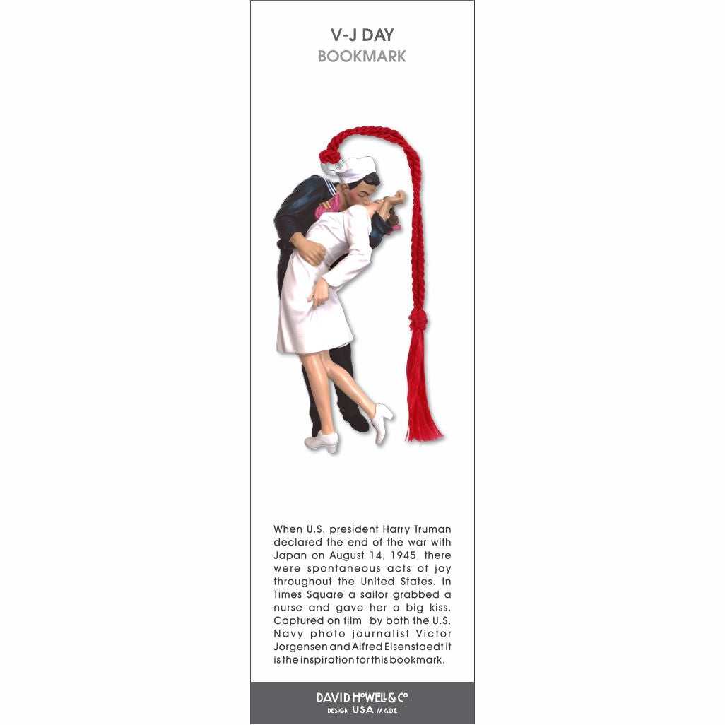 V-J Day bookmark featuring a sailor kissing a nurse, inspired by the iconic 1945 Times Square photograph, with a braided red tassel.