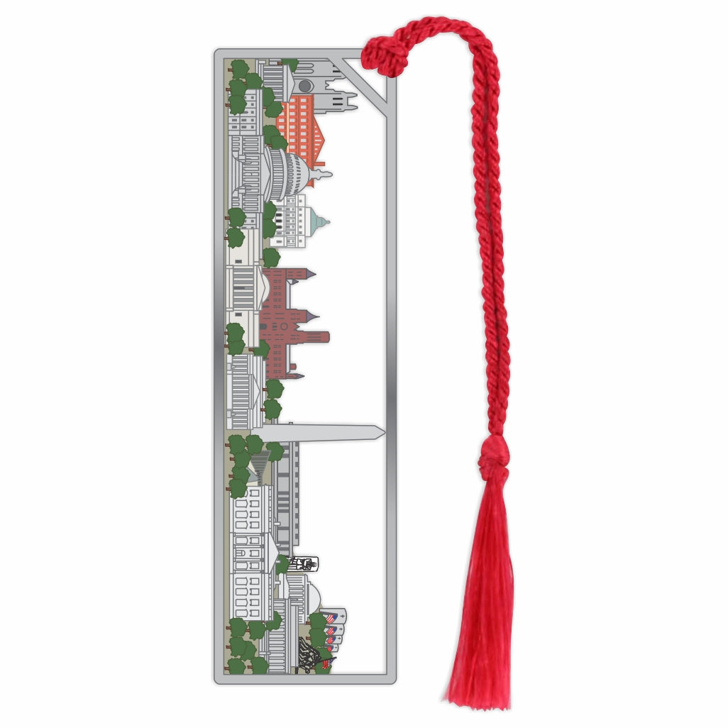 A metal bookmark of the Washington DC skyline with a braided red tassel for a museum-quality gift for art lovers, museum goers and readers.