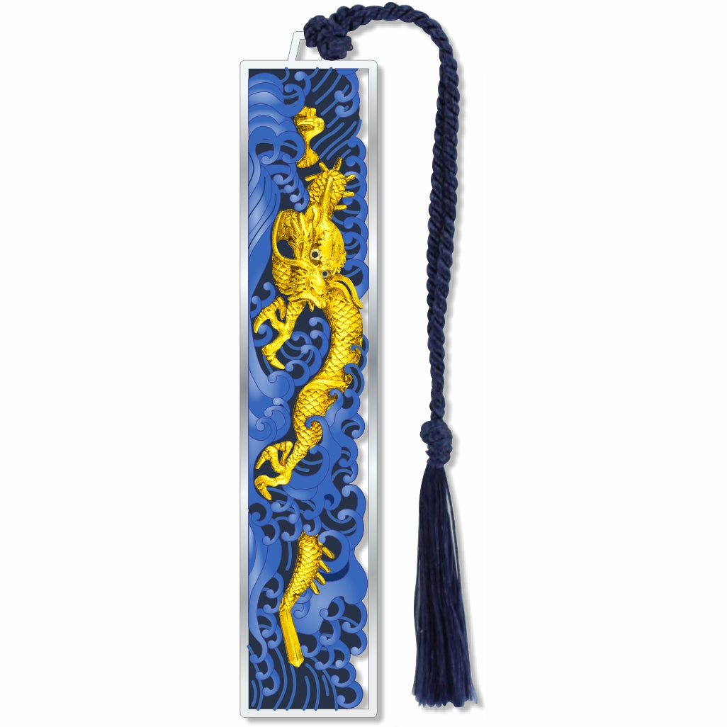 Water Dragon Kozuka Metal Bookmark featuring a traditional Kozuka knife-handle design with a stylized three-clawed gold water dragon with flowing body and blue textured background, inspired by Edo-period Japanese metalwork and mythological dragon symbolism associated with movement and cultural folklore, with blue braided tassel for book lovers, mystical collector gifts.