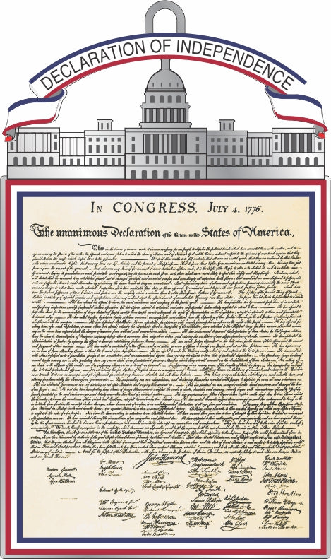 America 250 Declaration of Independence ornament featuring a detailed replica of the historic document beneath a gray Capitol building design and a patriotic banner reading “Declaration of Independence.”
