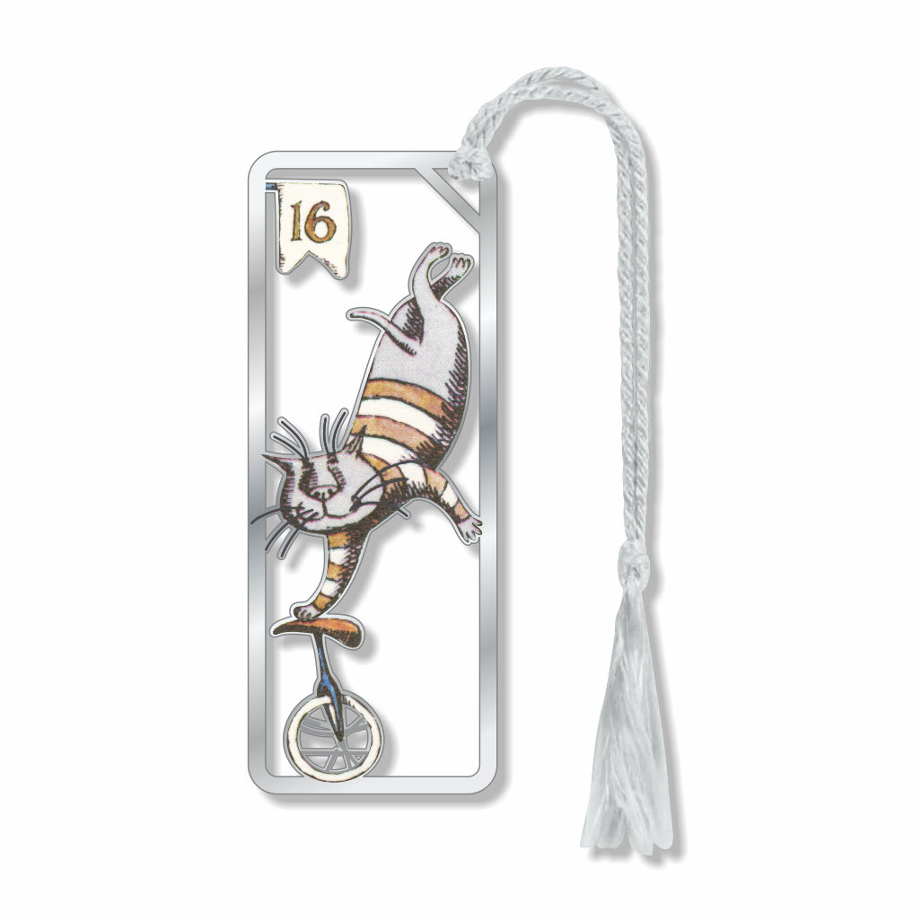 Metal bookmark featuring Edward Gorey’s “CAT-E-GOREY” with striped cat balancing on a unicycle illustration in his signature black-and-white style, combining dark humor, intricate detail, and whimsical feline imagery inspired by his classic literary artwork with gray tassel for collectors, book lovers or a gift.