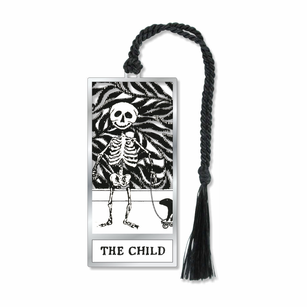 Metal bookmark featuring Edward Gorey’s “The Child” with skeleton illustration and black braided tassel artwork in his iconic black-and-white illustration style, highlighting his dark humor, intricate Victorian-inspired detail, and whimsical literary aesthetic for collectors, book lovers and gifts.