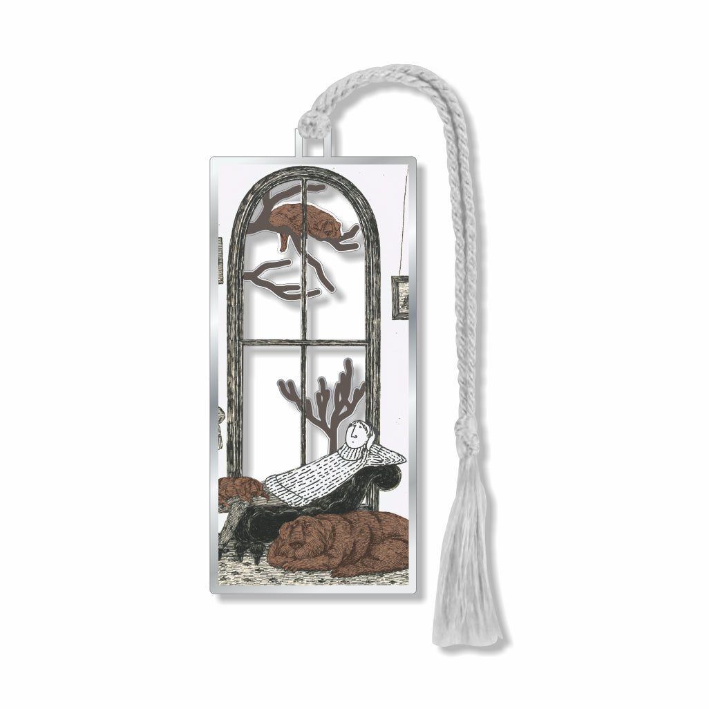 Metal bookmark featuring Edward Gorey’s illustrated “The Dog Day” with lounging figure and arched window scene artwork in his signature black-and-white style, showcasing dark humor, intricate linework, and whimsical Victorian-inspired characters with gray braided tassel for book lovers or a gift.