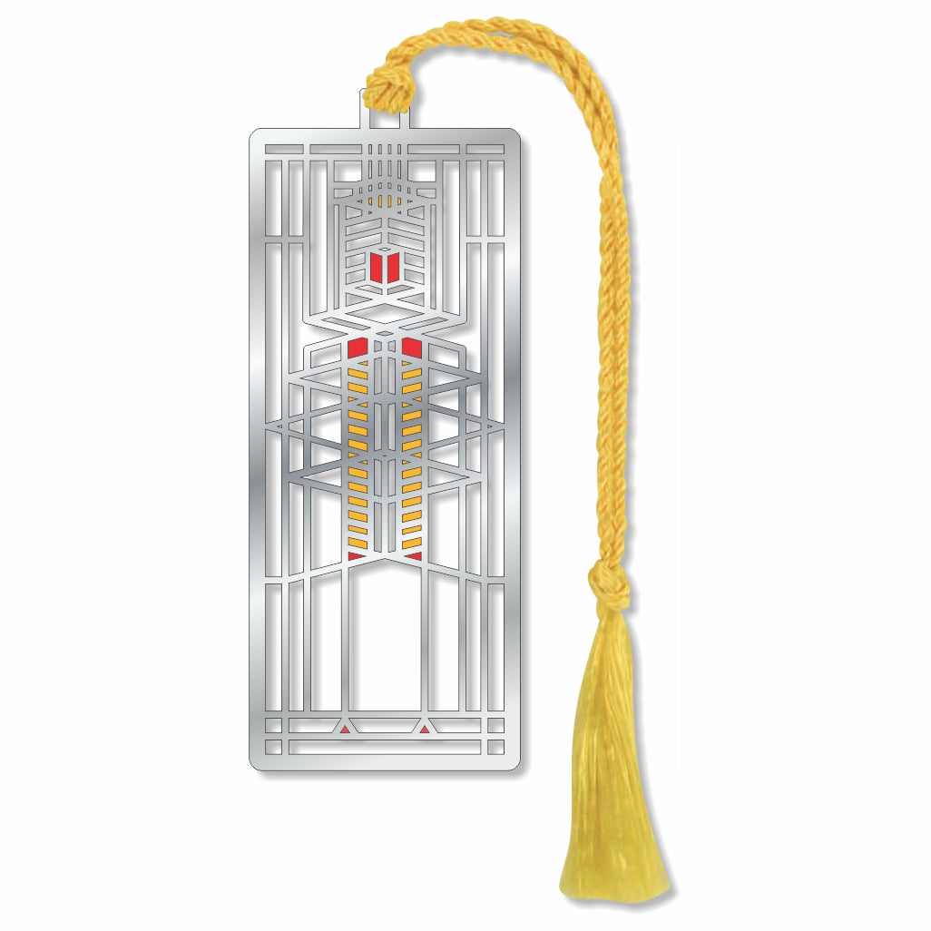 Frank Lloyd Wright Robie House foundation approved Metal depicting horizontal architectural design with geometric lines in warm tones and gold braided tassel