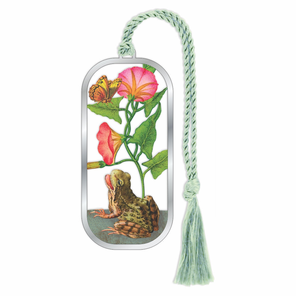 Hoefnagel Flower, Frog & Butterfly metal bookmark featuring late 16th-century natural history artwork by Flemish artist Joris Hoefnagel from Mira Calligraphiae Monumenta, showcasing detailed flora and fauna inspired by Renaissance manuscript illustrations makes a perfect gift for booklovers.