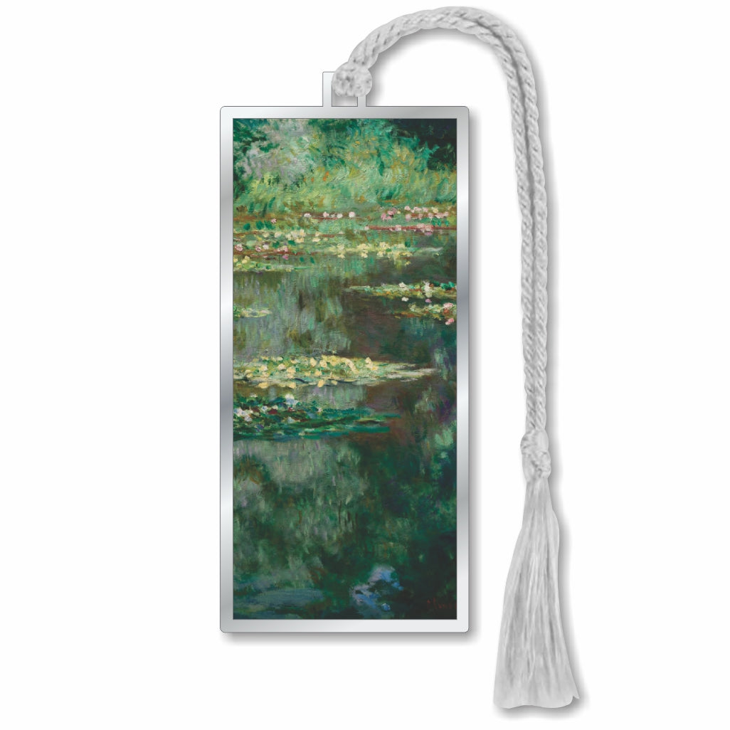 Monet Nymphéas metal bookmark with water lily artwork inspired by Claude Monet’s Giverny garden and finished with a silver braided tassel.