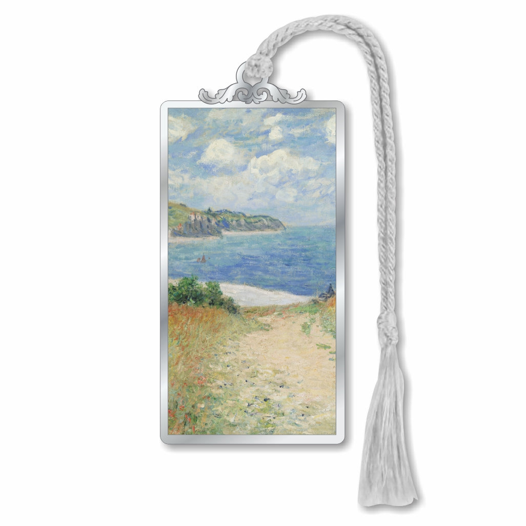 Metal bookmark inspired by Monet’s Path Through the Wheat Fields at Pourville featuring a Normandy coastal landscape with golden wheat fields and balanced sea tones with gray braided tassel for a museum-quality, readers' and art gift.